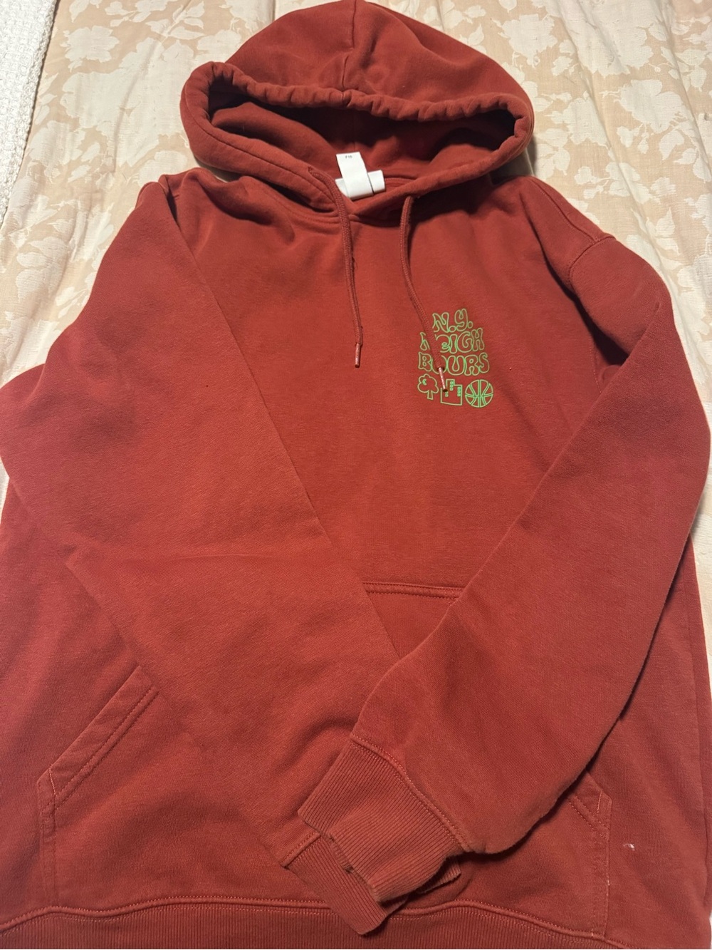 H&M Men's Rust Red Hoodie with Green Chest Graphic